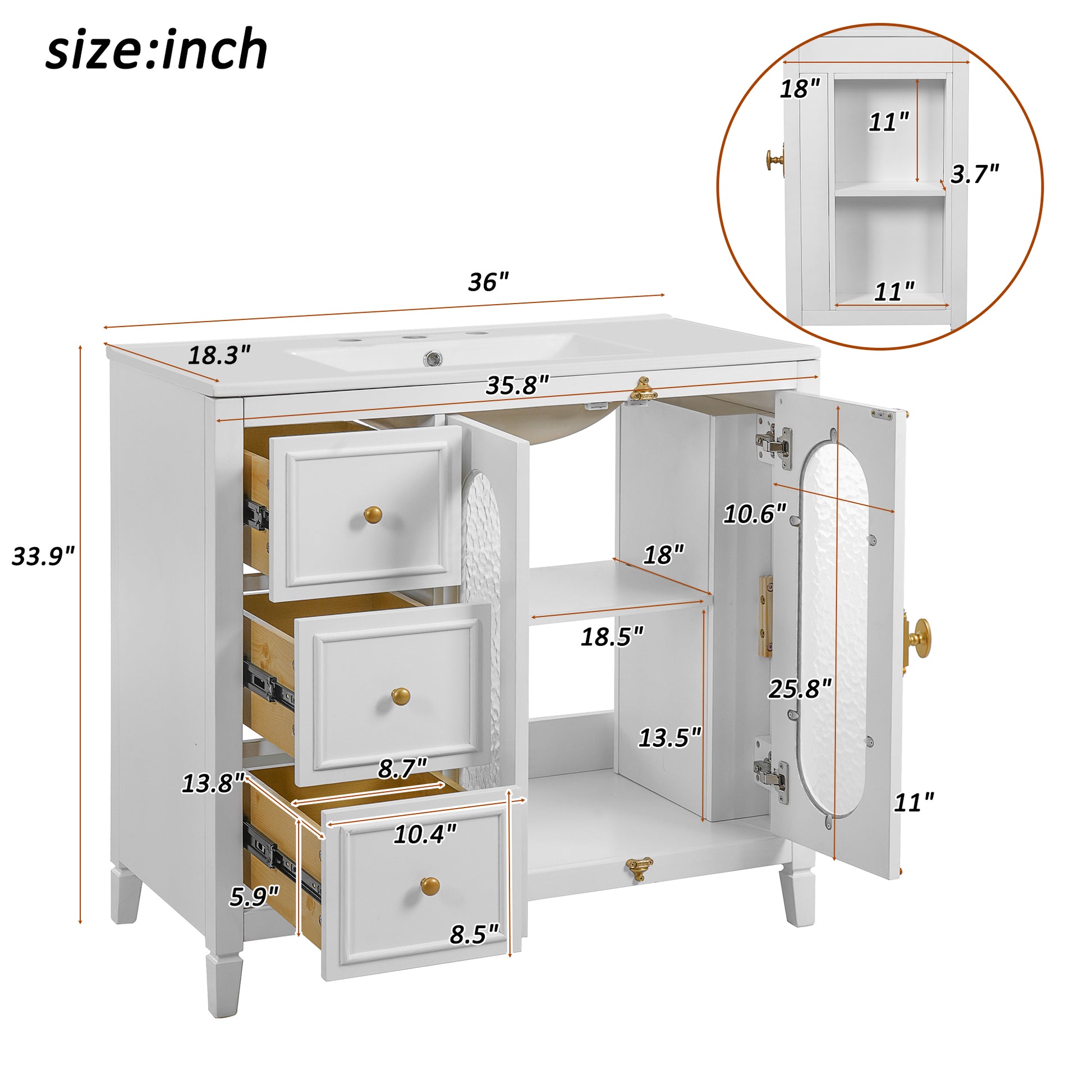 36-inch Bathroom Vanity with 2 Soft Close Doors, Solid Wood Frame Modern Bathroom Storage Cabinet with 3 Drawers