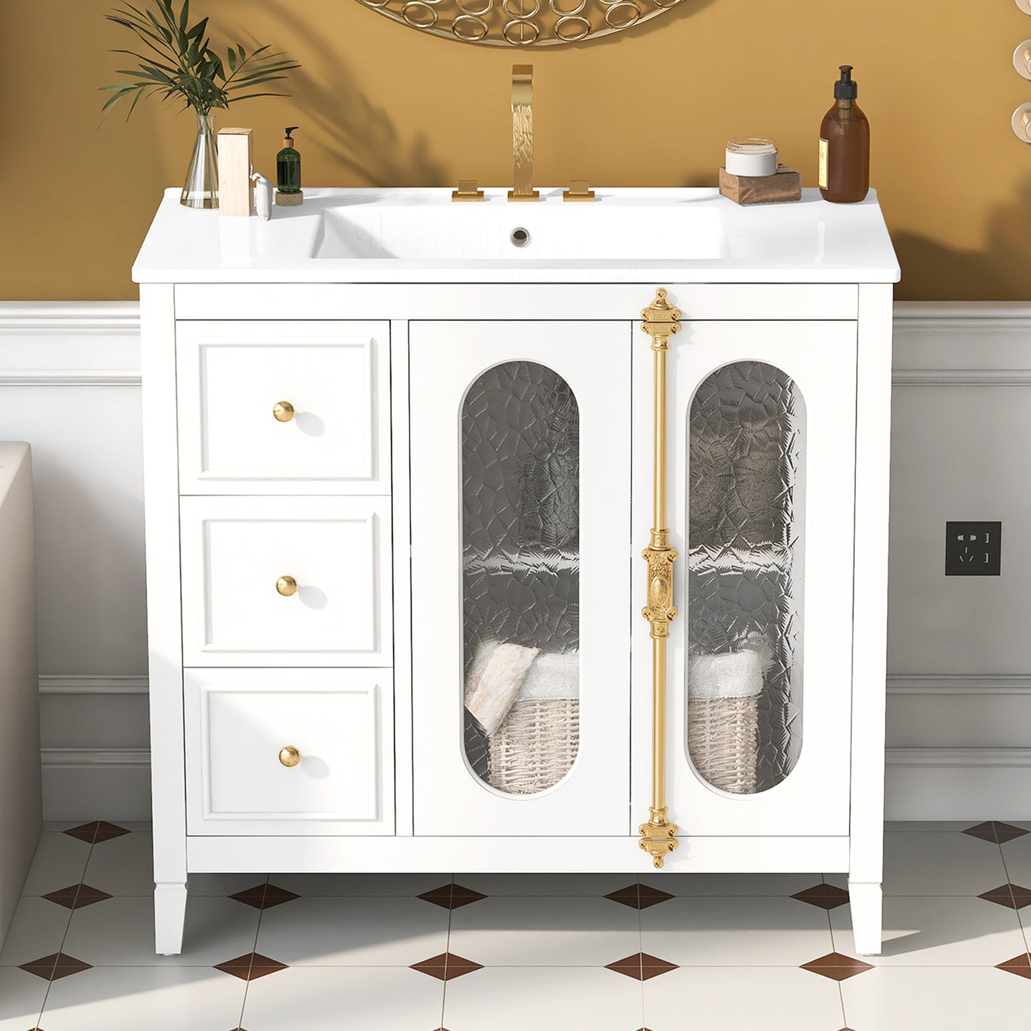 36-inch Bathroom Vanity with 2 Soft Close Doors, Solid Wood Frame Modern Bathroom Storage Cabinet with 3 Drawers