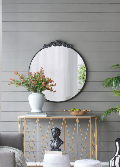 36" x 39" Classic Design Mirror with Round Shape and Baroque Inspired Frame for Bathroom, Entryway Console Lean Against Wall - Groovy Boardz