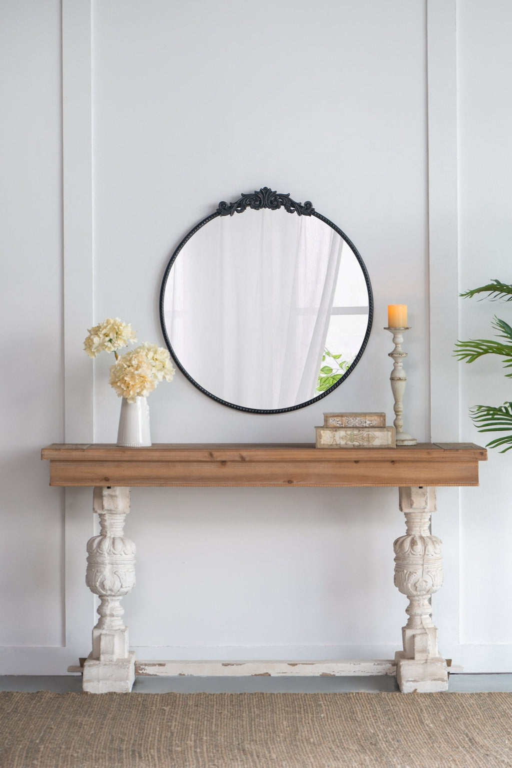 36" x 39" Classic Design Mirror with Round Shape and Baroque Inspired Frame for Bathroom, Entryway Console Lean Against Wall - Groovy Boardz
