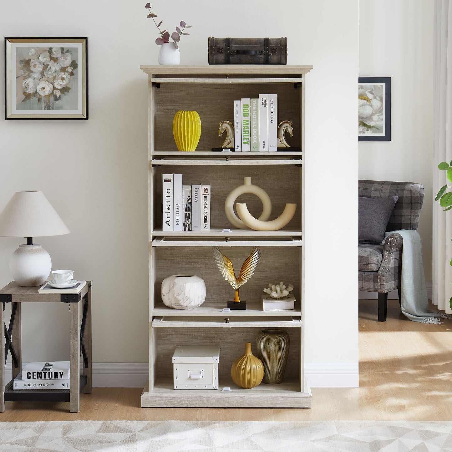 Glass display cabinet 4 Tier Glass Display Cabinet Storage Curio Cabinet with Flip up Glass Doors, Collectors Showcase Toy Figure Organizers Rack, Bookcase for Living Room White