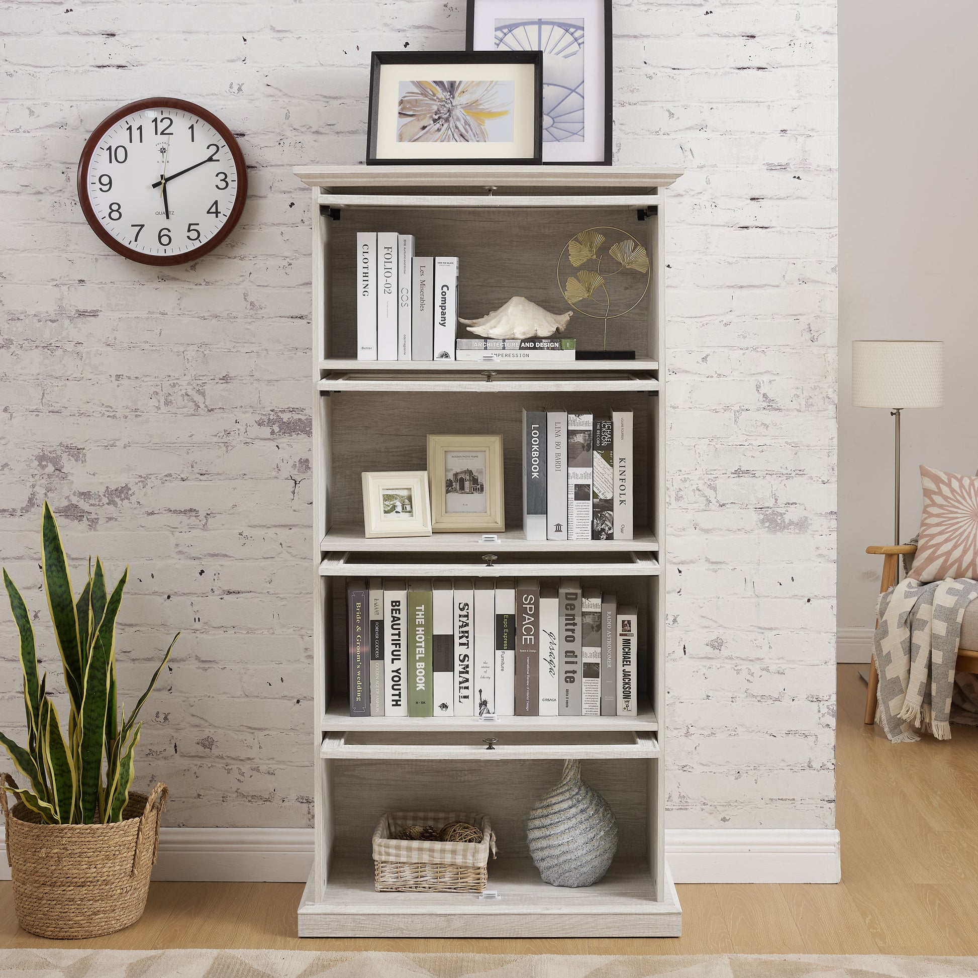 Glass display cabinet 4 Tier Glass Display Cabinet Storage Curio Cabinet with Flip up Glass Doors, Collectors Showcase Toy Figure Organizers Rack, Bookcase for Living Room White