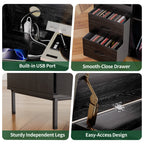 Record Player Stand with Power Outlet & Flip-Down Lid, Turntable Table with Storage for 300+ Vinyls, Black Wood Grain Media Console with 2 Drawers, 27.6' with Dust Protection, Some Assembly Required, Media Console