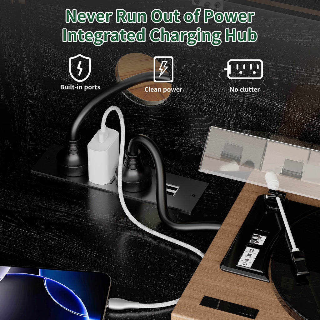 Record Player Stand with Power Outlet & Flip-Down Lid, Turntable Table with Storage for 300+ Vinyls, Black Wood Grain Media Console with 2 Drawers, 27.6' with Dust Protection, Some Assembly Required, Media Console