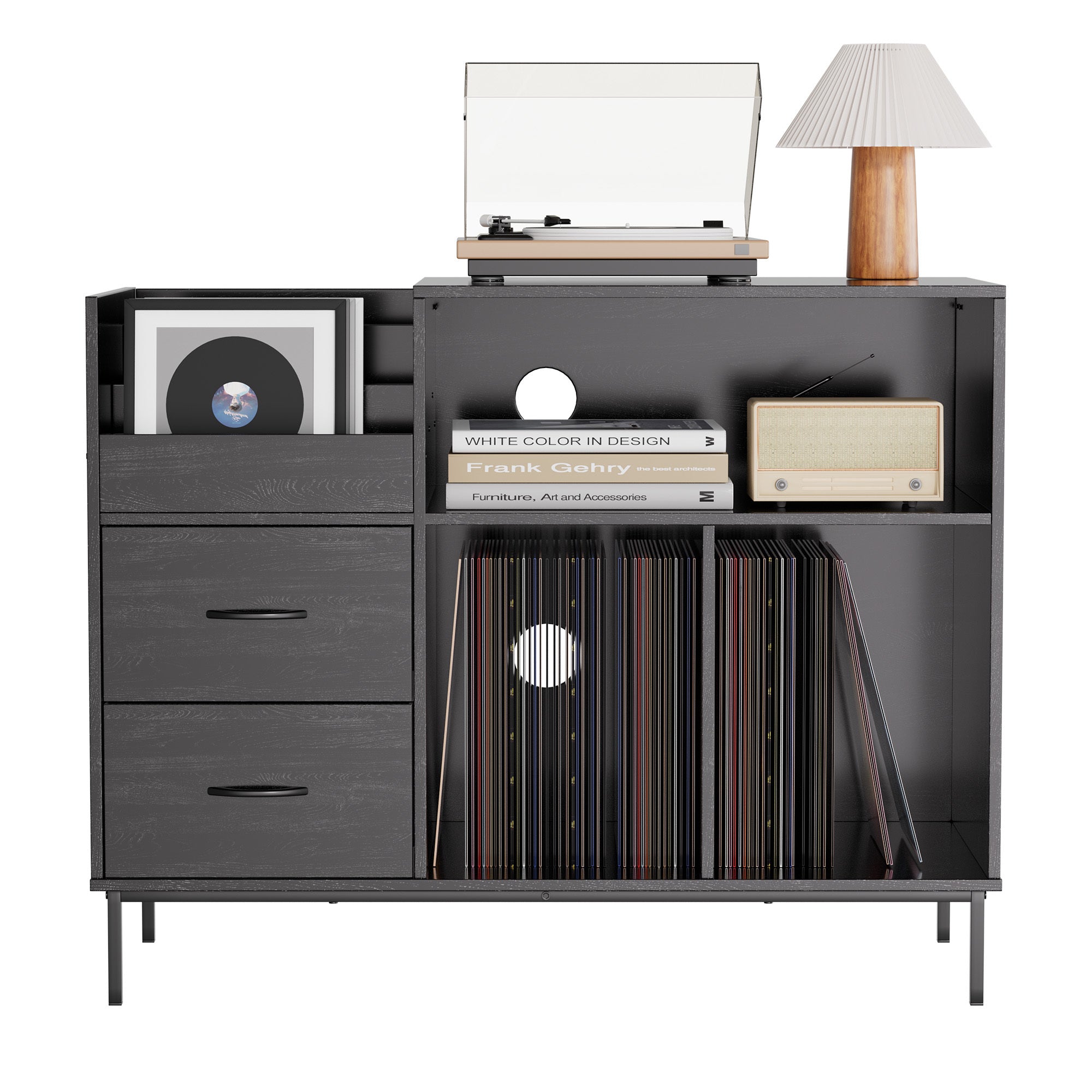 Record Player Stand with Power Outlet & Flip-Down Lid, Turntable Table with Storage for 300+ Vinyls, Black Wood Grain Media Console with 2 Drawers, 27.6' with Dust Protection, Some Assembly Required, Media Console