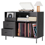 Record Player Stand with Power Outlet & Flip-Down Lid, Turntable Table with Storage for 300+ Vinyls, Black Wood Grain Media Console with 2 Drawers, 27.6' with Dust Protection, Some Assembly Required, Media Console