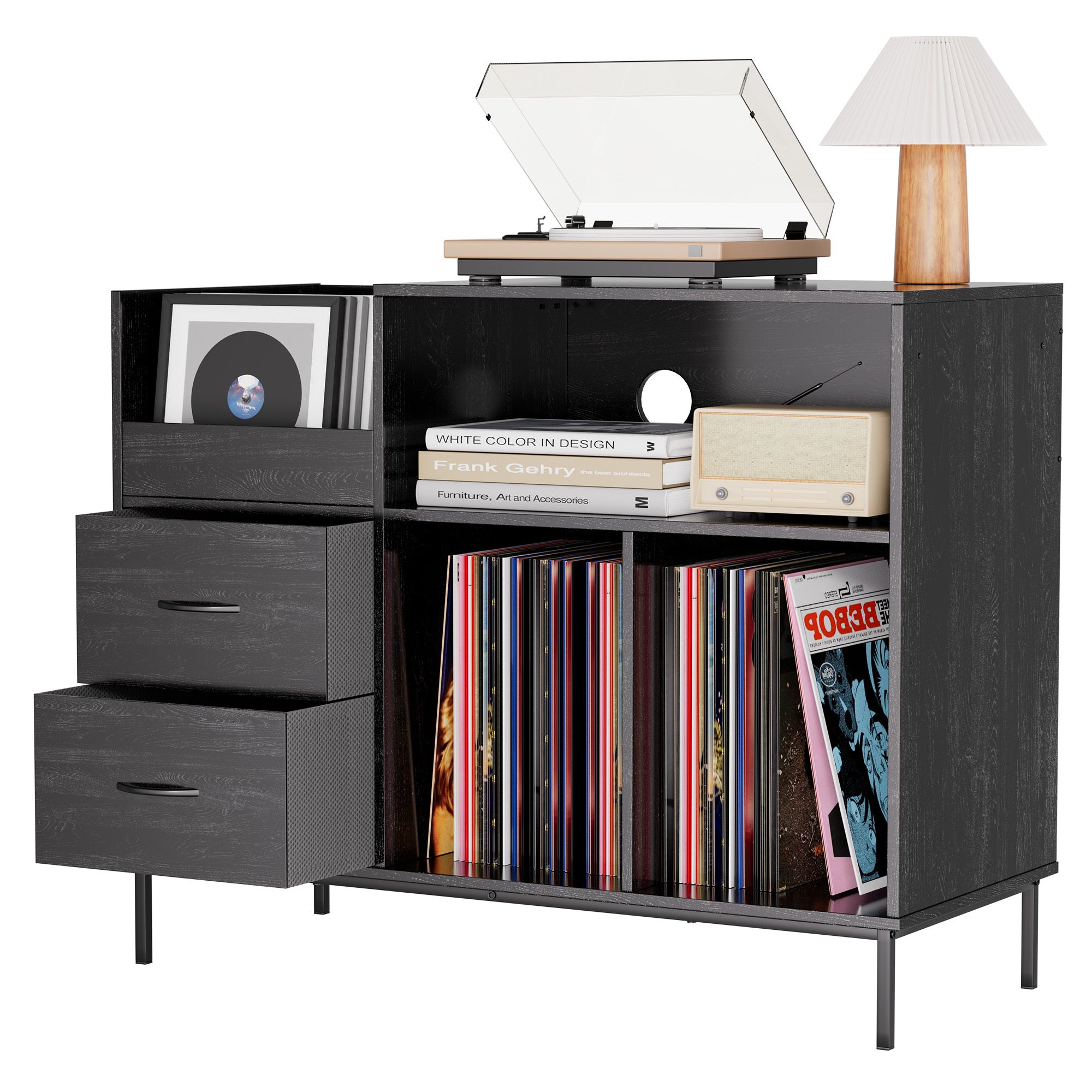 Record Player Stand with Power Outlet & Flip-Down Lid, Turntable Table with Storage for 300+ Vinyls, Black Wood Grain Media Console with 2 Drawers, 27.6' with Dust Protection, Some Assembly Required, Media Console