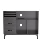 Record Player Stand with Power Outlet & Flip-Down Lid, Turntable Table with Storage for 300+ Vinyls, Black Wood Grain Media Console with 2 Drawers, 27.6' with Dust Protection, Some Assembly Required, Media Console