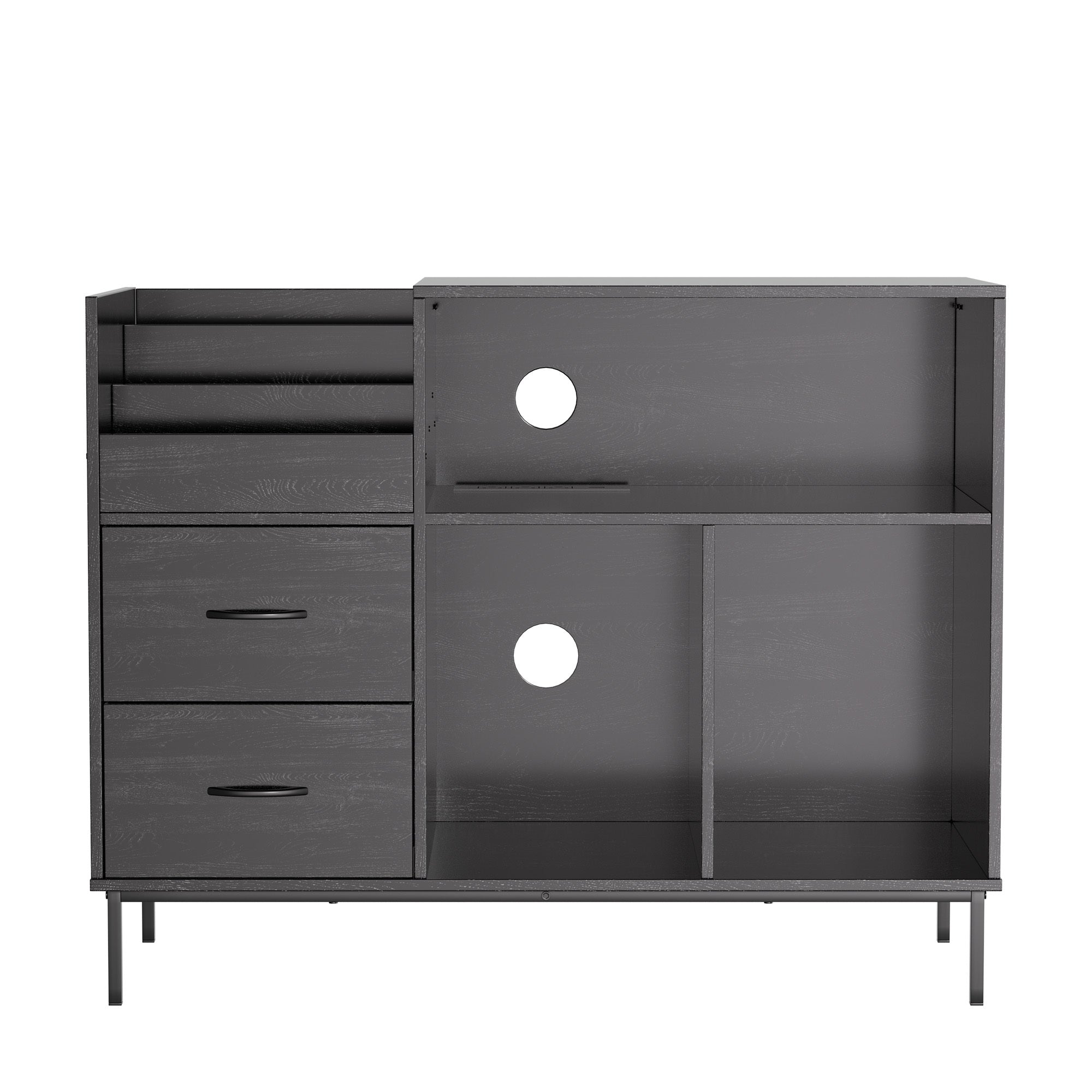 Record Player Stand with Power Outlet & Flip-Down Lid, Turntable Table with Storage for 300+ Vinyls, Black Wood Grain Media Console with 2 Drawers, 27.6' with Dust Protection, Some Assembly Required, Media Console