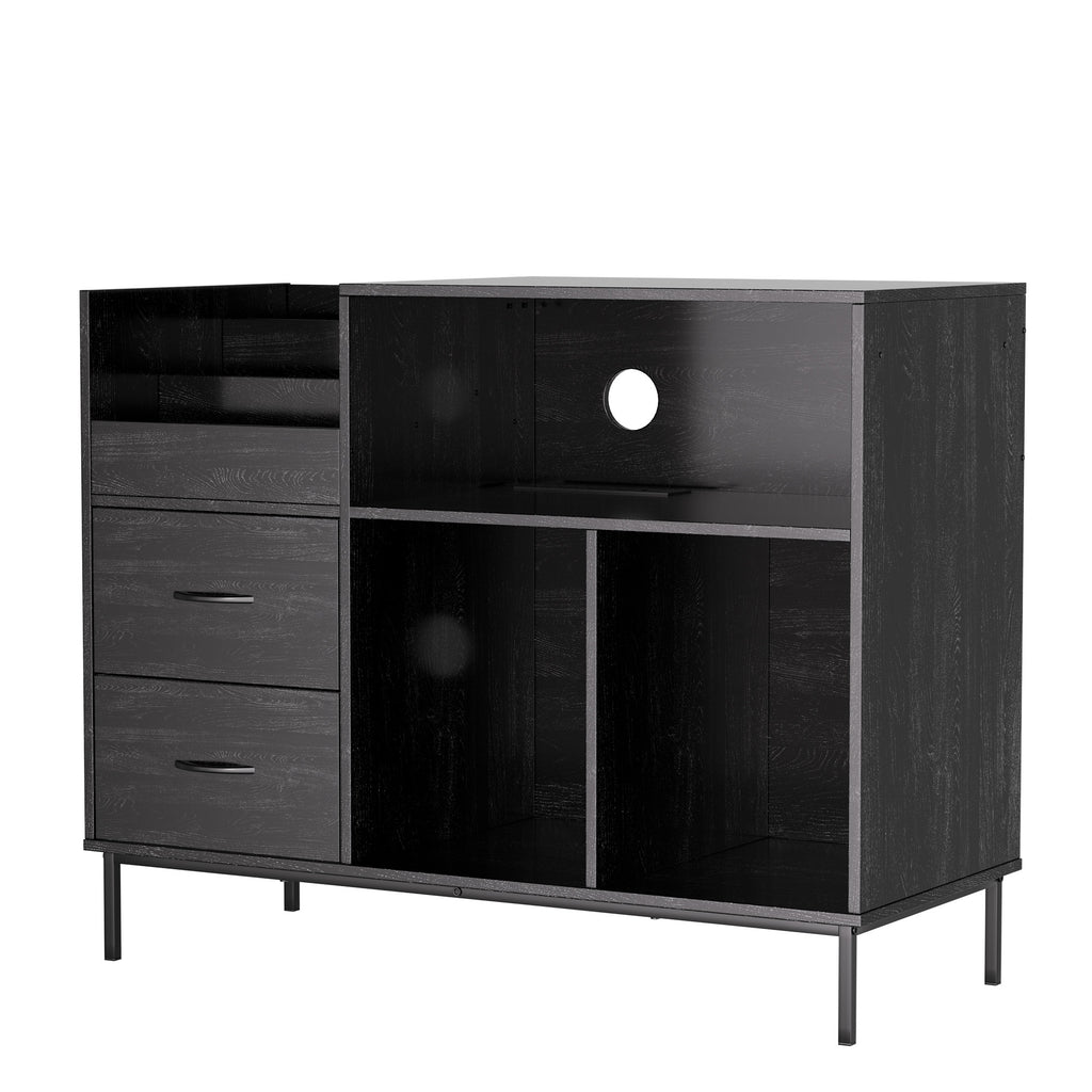 Record Player Stand with Power Outlet & Flip-Down Lid, Turntable Table with Storage for 300+ Vinyls, Black Wood Grain Media Console with 2 Drawers, 27.6' with Dust Protection, Some Assembly Required, Media Console