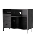 Record Player Stand with Power Outlet & Flip-Down Lid, Turntable Table with Storage for 300+ Vinyls, Black Wood Grain Media Console with 2 Drawers, 27.6' with Dust Protection, Some Assembly Required, Media Console