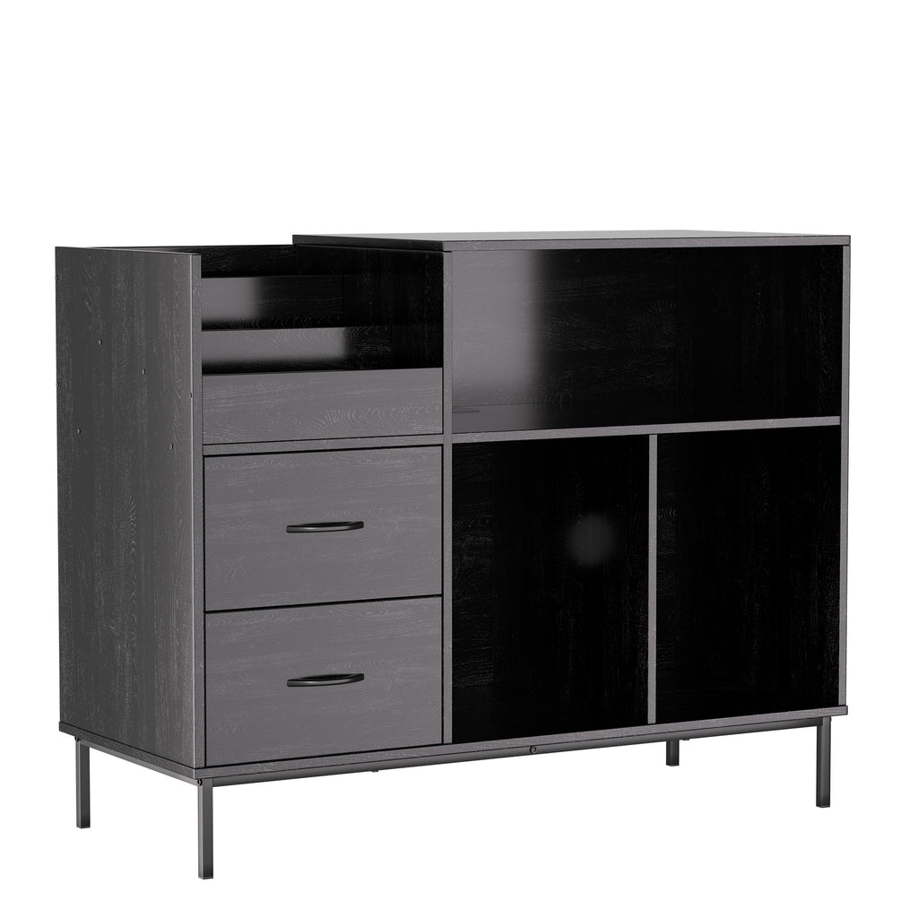 Record Player Stand with Power Outlet & Flip-Down Lid, Turntable Table with Storage for 300+ Vinyls, Black Wood Grain Media Console with 2 Drawers, 27.6' with Dust Protection, Some Assembly Required, Media Console