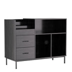 Record Player Stand with Power Outlet & Flip-Down Lid, Turntable Table with Storage for 300+ Vinyls, Black Wood Grain Media Console with 2 Drawers, 27.6' with Dust Protection, Some Assembly Required, Media Console