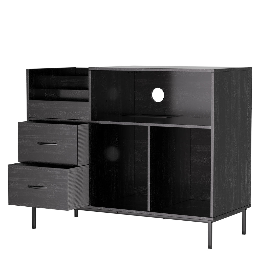 Record Player Stand with Power Outlet & Flip-Down Lid, Turntable Table with Storage for 300+ Vinyls, Black Wood Grain Media Console with 2 Drawers, 27.6' with Dust Protection, Some Assembly Required, Media Console