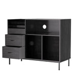Record Player Stand with Power Outlet & Flip-Down Lid, Turntable Table with Storage for 300+ Vinyls, Black Wood Grain Media Console with 2 Drawers, 27.6' with Dust Protection, Some Assembly Required, Media Console