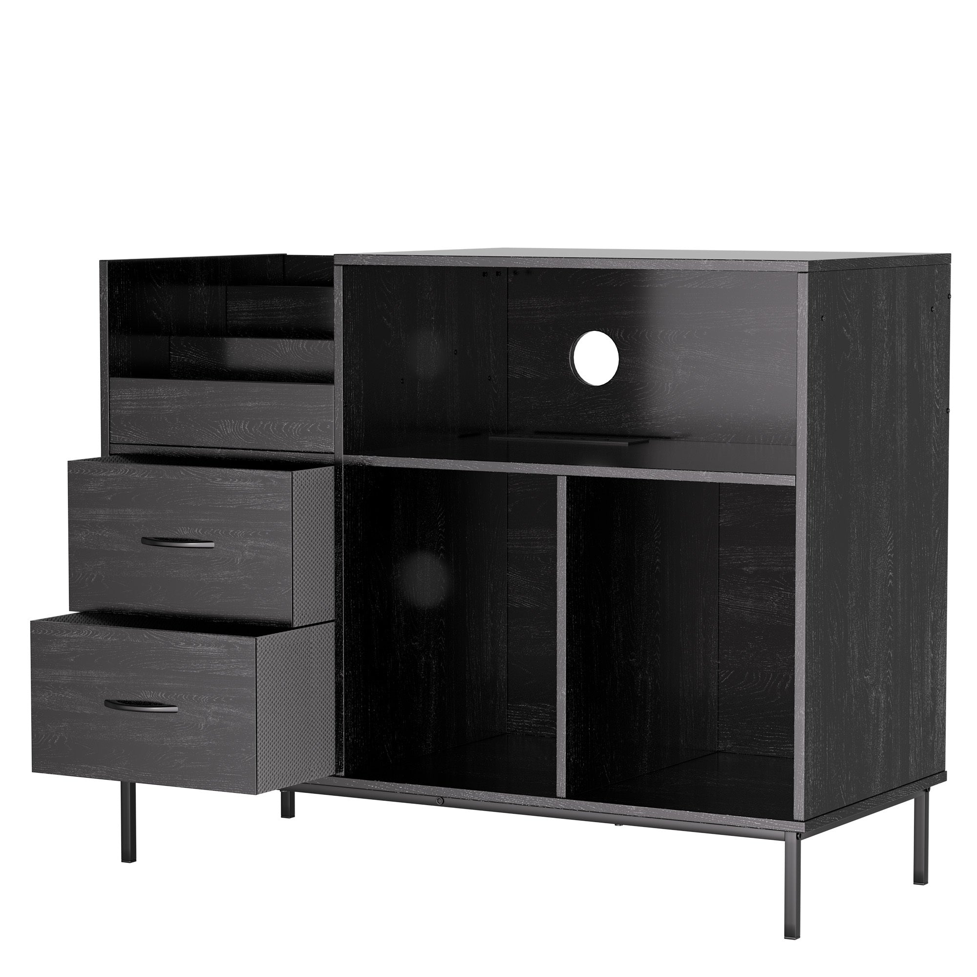 Record Player Stand with Power Outlet & Flip-Down Lid, Turntable Table with Storage for 300+ Vinyls, Black Wood Grain Media Console with 2 Drawers, 27.6' with Dust Protection, Some Assembly Required, Media Console