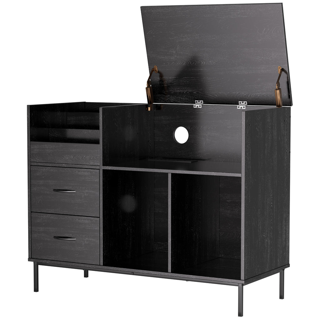 Record Player Stand with Power Outlet & Flip-Down Lid, Turntable Table with Storage for 300+ Vinyls, Black Wood Grain Media Console with 2 Drawers, 27.6' with Dust Protection, Some Assembly Required, Media Console