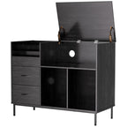 Record Player Stand with Power Outlet & Flip-Down Lid, Turntable Table with Storage for 300+ Vinyls, Black Wood Grain Media Console with 2 Drawers, 27.6' with Dust Protection, Some Assembly Required, Media Console