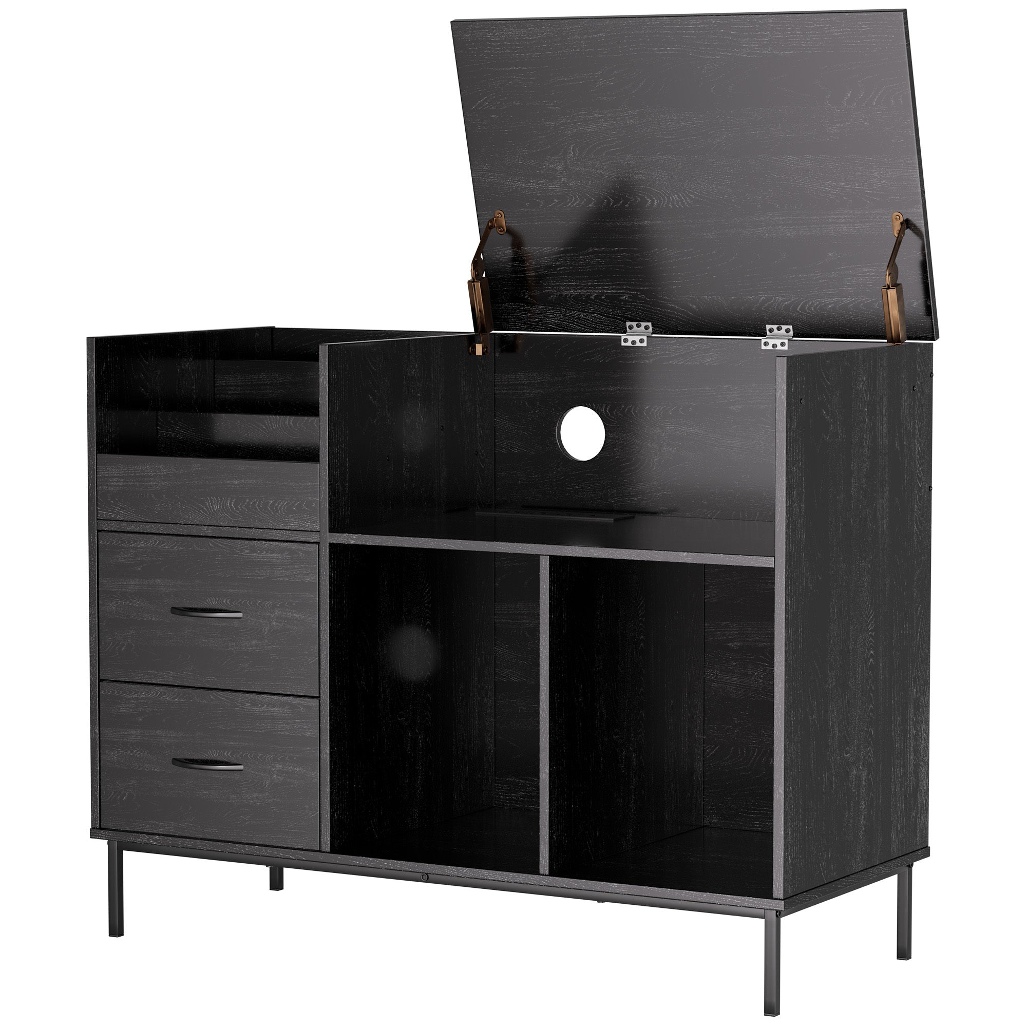 Record Player Stand with Power Outlet & Flip-Down Lid, Turntable Table with Storage for 300+ Vinyls, Black Wood Grain Media Console with 2 Drawers, 27.6' with Dust Protection, Some Assembly Required, Media Console