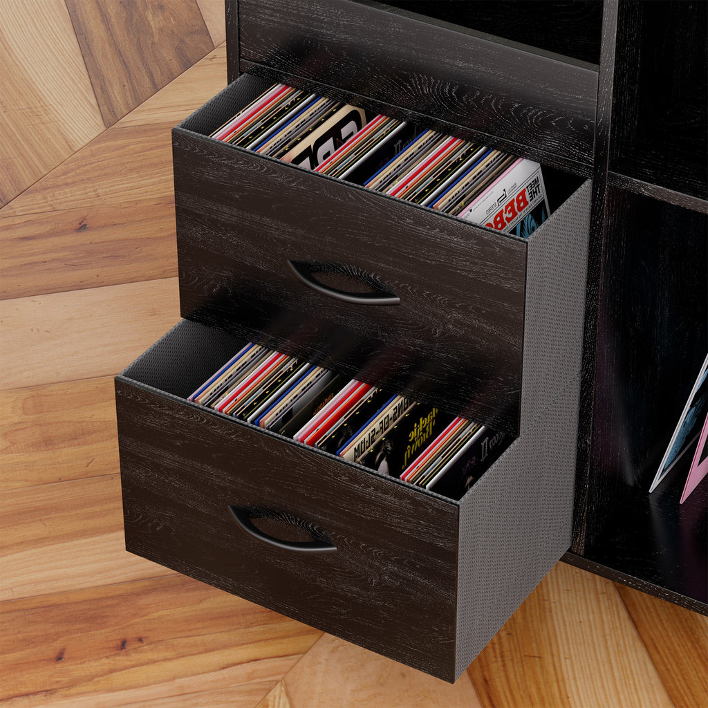 Record Player Stand with Power Outlet & Flip-Down Lid, Turntable Table with Storage for 300+ Vinyls, Black Wood Grain Media Console with 2 Drawers, 27.6' with Dust Protection, Some Assembly Required, Media Console