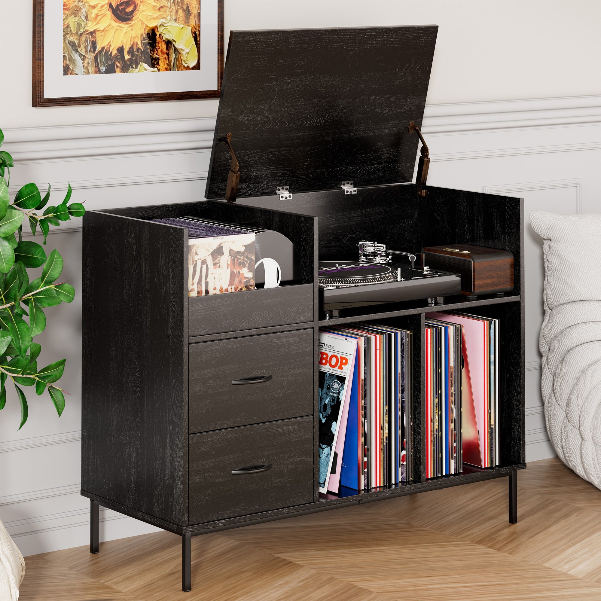 Record Player Stand with Power Outlet & Flip-Down Lid, Turntable Table with Storage for 300+ Vinyls, Black Wood Grain Media Console with 2 Drawers, 27.6' with Dust Protection, Some Assembly Required, Media Console