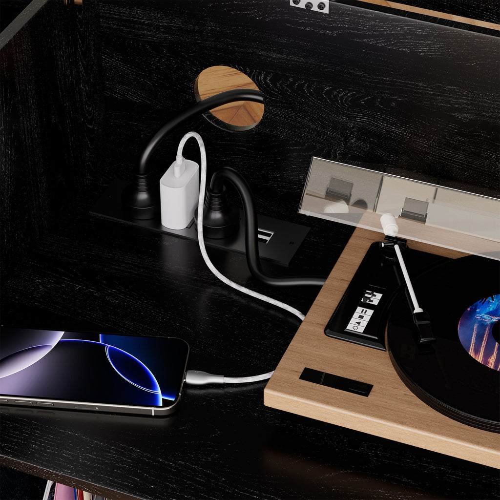 Record Player Stand with Power Outlet & Flip-Down Lid, Turntable Table with Storage for 300+ Vinyls, Black Wood Grain Media Console with 2 Drawers, 27.6' with Dust Protection, Some Assembly Required, Media Console