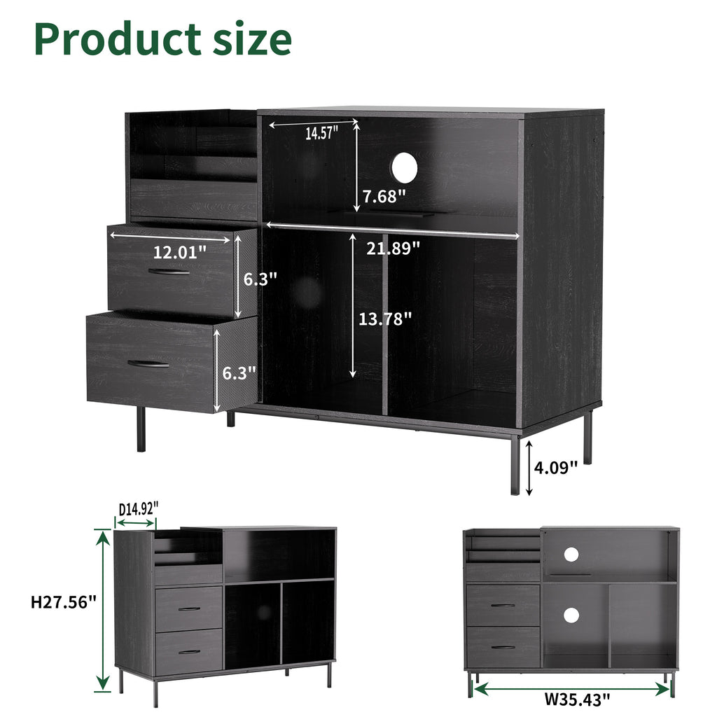 Record Player Stand with Power Outlet & Flip-Down Lid, Turntable Table with Storage for 300+ Vinyls, Black Wood Grain Media Console with 2 Drawers, 27.6' with Dust Protection, Some Assembly Required, Media Console