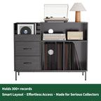 Record Player Stand with Power Outlet & Flip-Down Lid, Turntable Table with Storage for 300+ Vinyls, Black Wood Grain Media Console with 2 Drawers, 27.6' with Dust Protection, Some Assembly Required, Media Console
