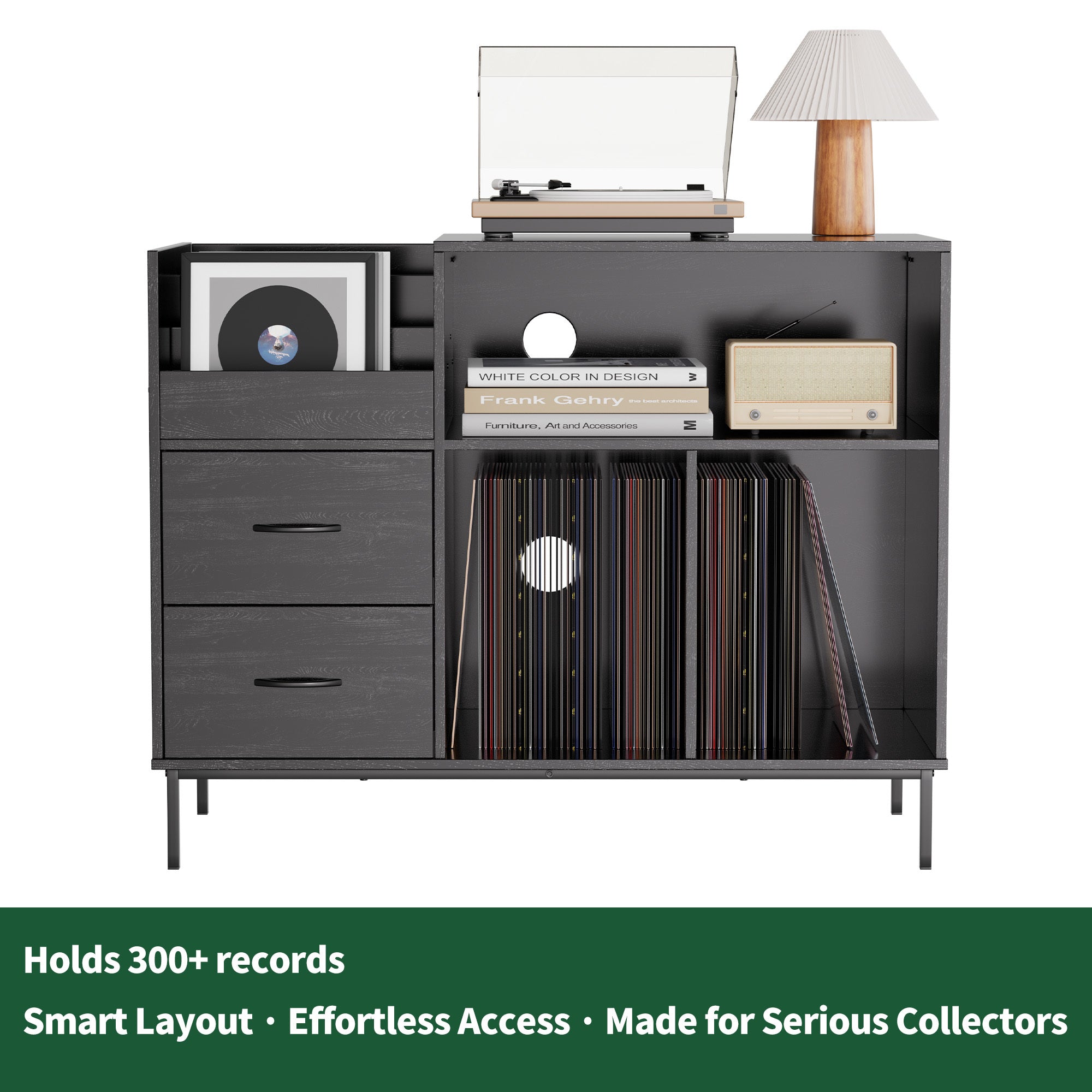 Record Player Stand with Power Outlet & Flip-Down Lid, Turntable Table with Storage for 300+ Vinyls, Black Wood Grain Media Console with 2 Drawers, 27.6' with Dust Protection, Some Assembly Required, Media Console