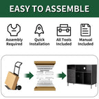 Record Player Stand with Power Outlet & Flip-Down Lid, Turntable Table with Storage for 300+ Vinyls, Black Wood Grain Media Console with 2 Drawers, 27.6' with Dust Protection, Some Assembly Required, Media Console