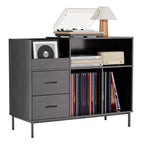 Record Player Stand with Power Outlet & Flip-Down Lid, Turntable Table with Storage for 300+ Vinyls, Black Wood Grain Media Console with 2 Drawers, 27.6' with Dust Protection, Some Assembly Required, Media Console