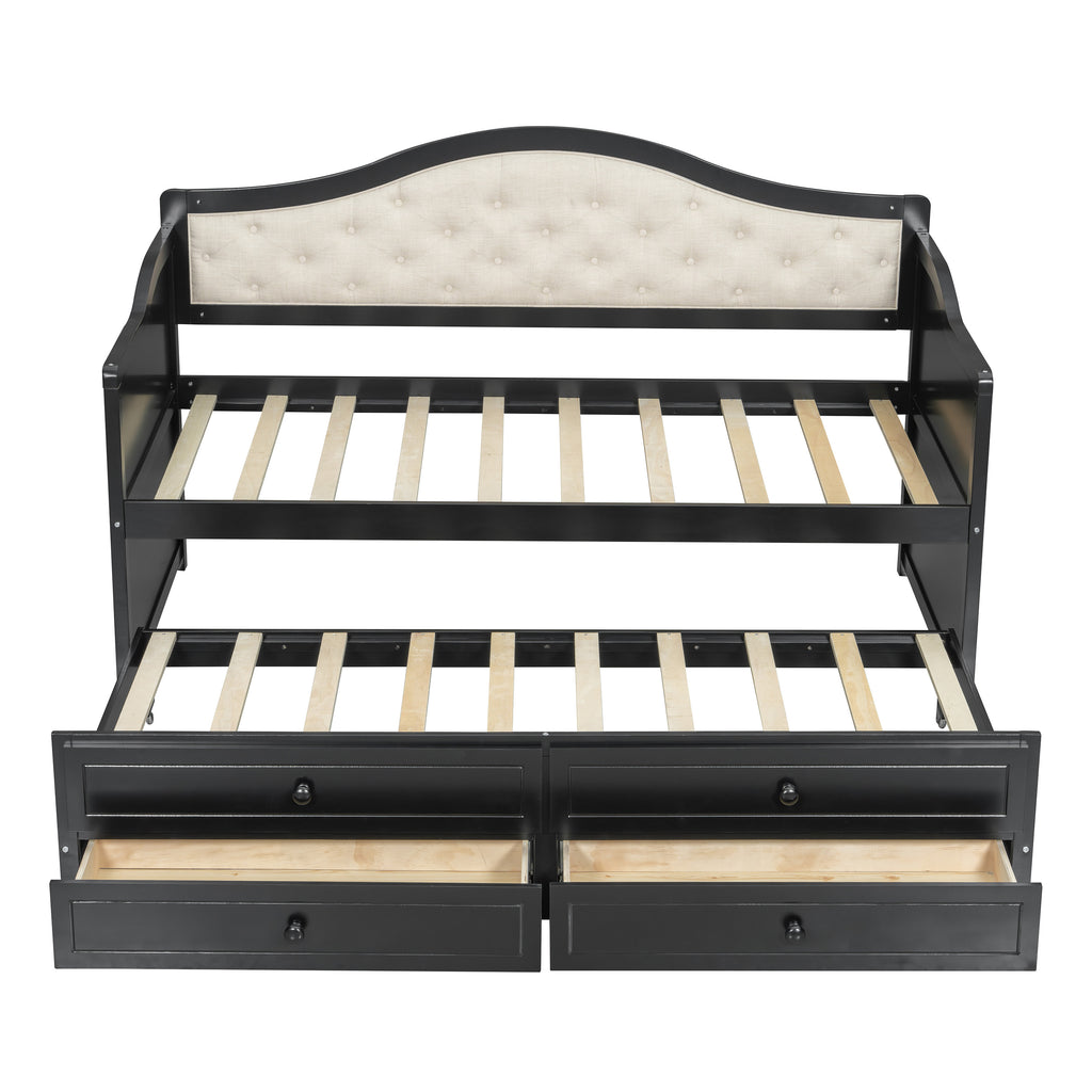 Twin Daybed with Trundle, Twin Size Daybed with 2 Storage Drawers, Wooden Sofa Bed with Upholstered Button Tufted Backrest for Living Room, Bedroom, Guest Room,Black Daybeds
