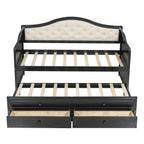 Twin Daybed with Trundle, Twin Size Daybed with 2 Storage Drawers, Wooden Sofa Bed with Upholstered Button Tufted Backrest for Living Room, Bedroom, Guest Room,Black Daybeds
