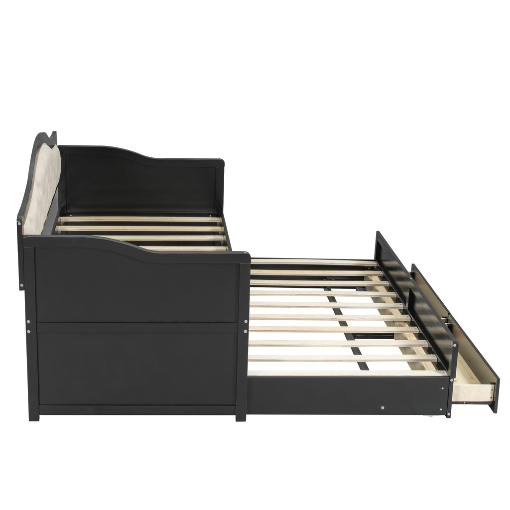 Twin Daybed with Trundle, Twin Size Daybed with 2 Storage Drawers, Wooden Sofa Bed with Upholstered Button Tufted Backrest for Living Room, Bedroom, Guest Room,Black Daybeds