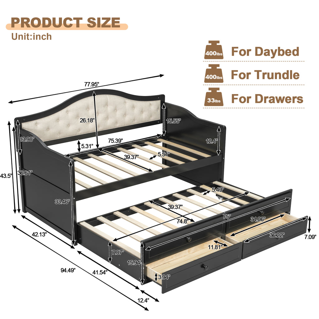Twin Daybed with Trundle, Twin Size Daybed with 2 Storage Drawers, Wooden Sofa Bed with Upholstered Button Tufted Backrest for Living Room, Bedroom, Guest Room,Black Daybeds