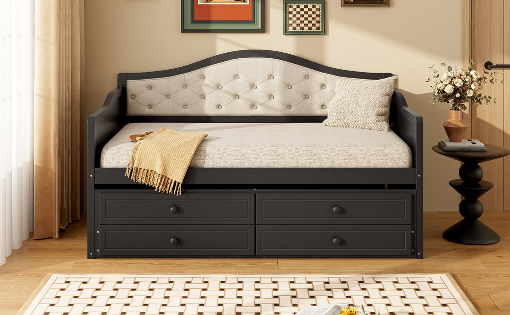 Twin Daybed with Trundle, Twin Size Daybed with 2 Storage Drawers, Wooden Sofa Bed with Upholstered Button Tufted Backrest for Living Room, Bedroom, Guest Room,Black Daybeds