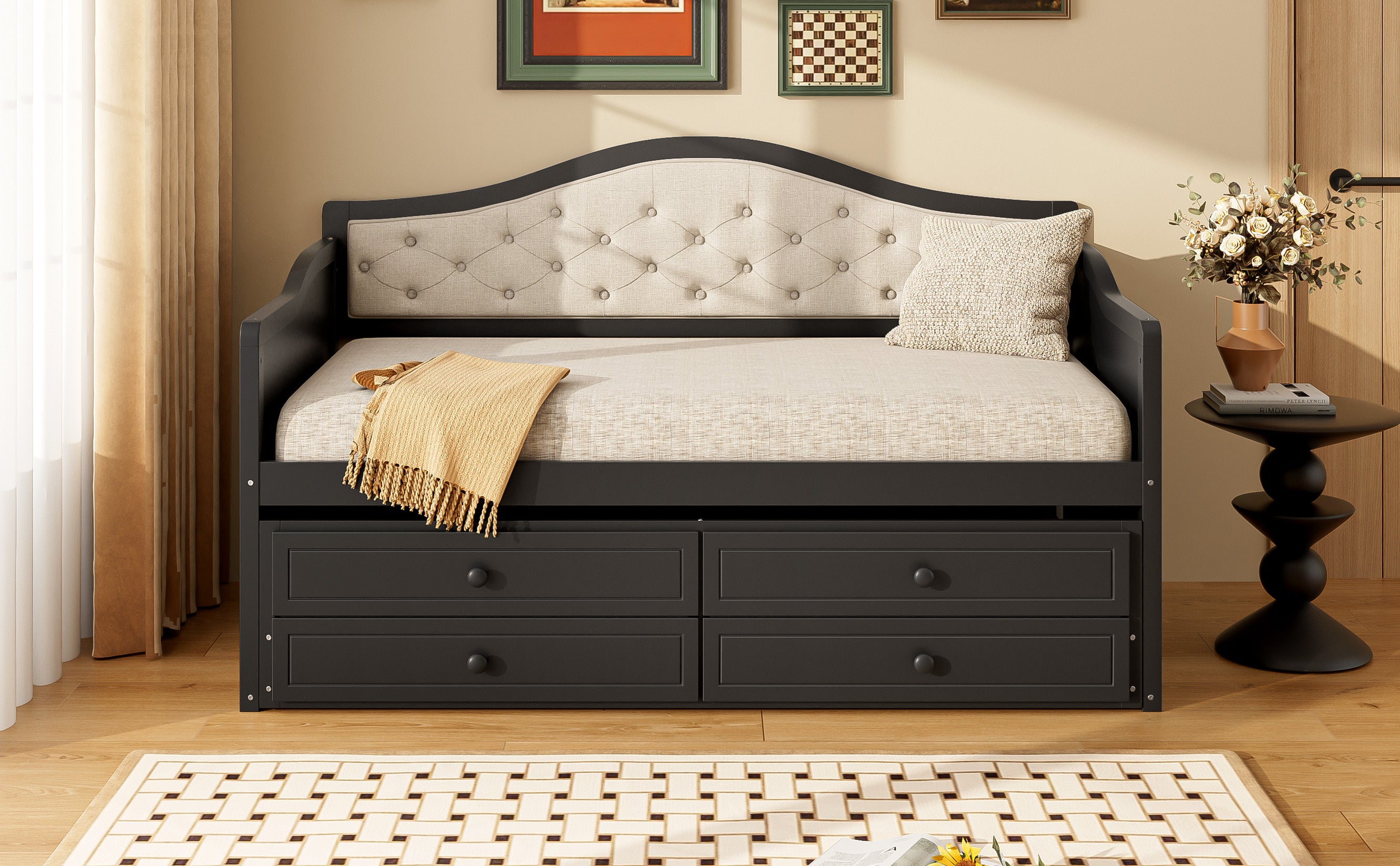 Twin Daybed with Trundle, Twin Size Daybed with 2 Storage Drawers, Wooden Sofa Bed with Upholstered Button Tufted Backrest for Living Room, Bedroom, Guest Room,Black Daybeds