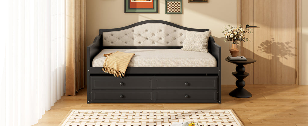 Twin Daybed with Trundle, Twin Size Daybed with 2 Storage Drawers, Wooden Sofa Bed with Upholstered Button Tufted Backrest for Living Room, Bedroom, Guest Room,Black Daybeds