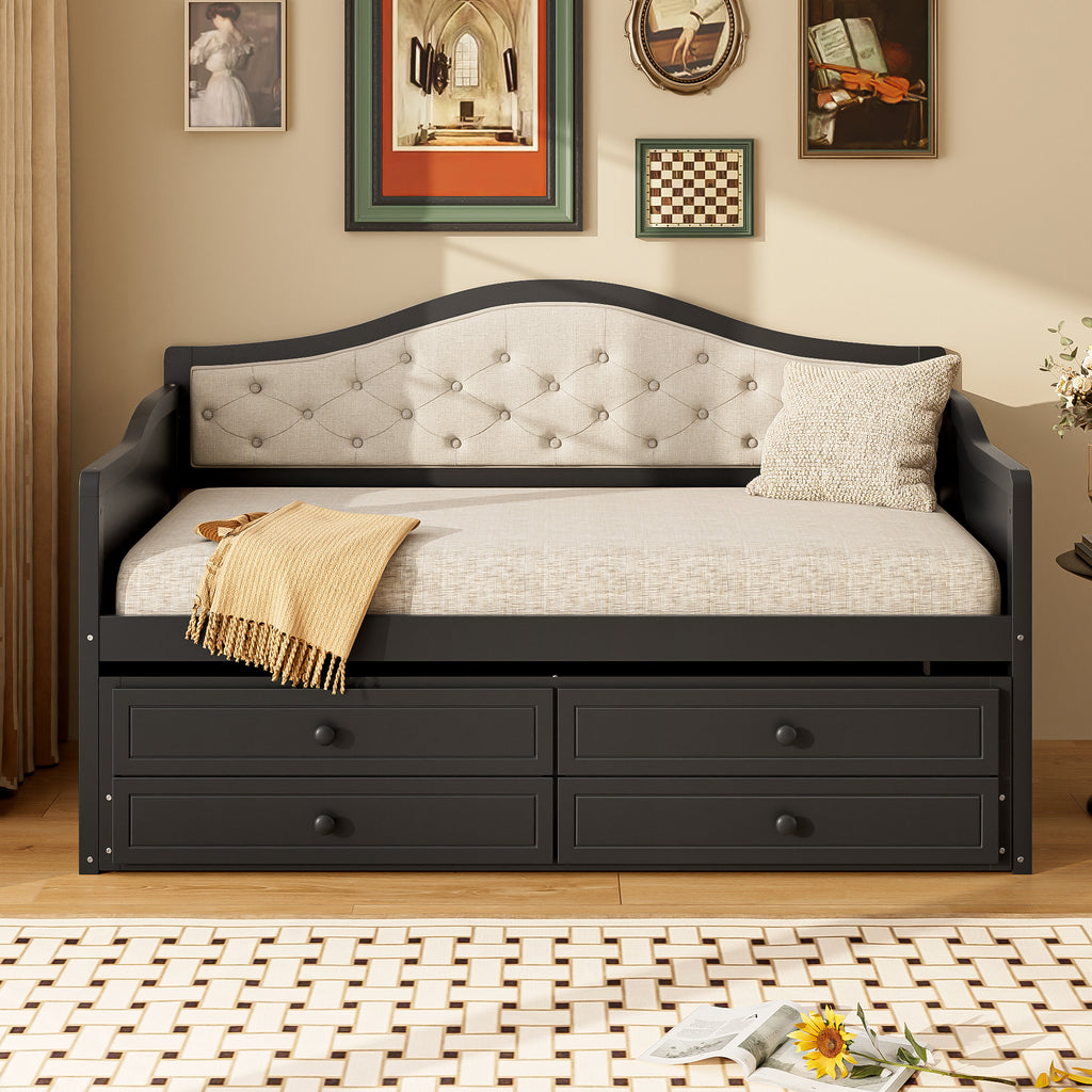 Twin Daybed with Trundle, Twin Size Daybed with 2 Storage Drawers, Wooden Sofa Bed with Upholstered Button Tufted Backrest for Living Room, Bedroom, Guest Room,Black Daybeds