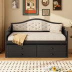 Twin Daybed with Trundle, Twin Size Daybed with 2 Storage Drawers, Wooden Sofa Bed with Upholstered Button Tufted Backrest for Living Room, Bedroom, Guest Room,Black Daybeds