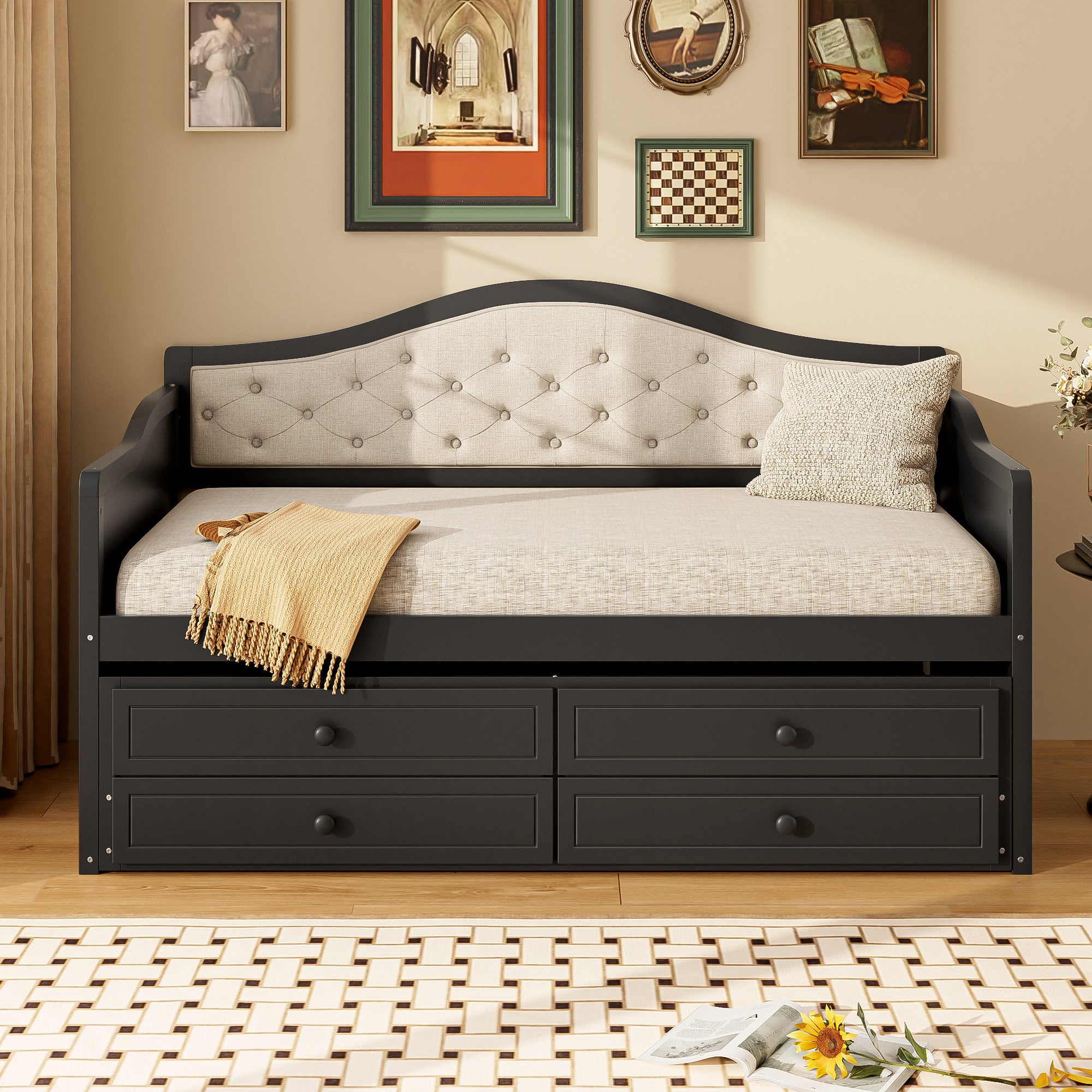Twin Daybed with Trundle, Twin Size Daybed with 2 Storage Drawers, Wooden Sofa Bed with Upholstered Button Tufted Backrest for Living Room, Bedroom, Guest Room,Black Daybeds