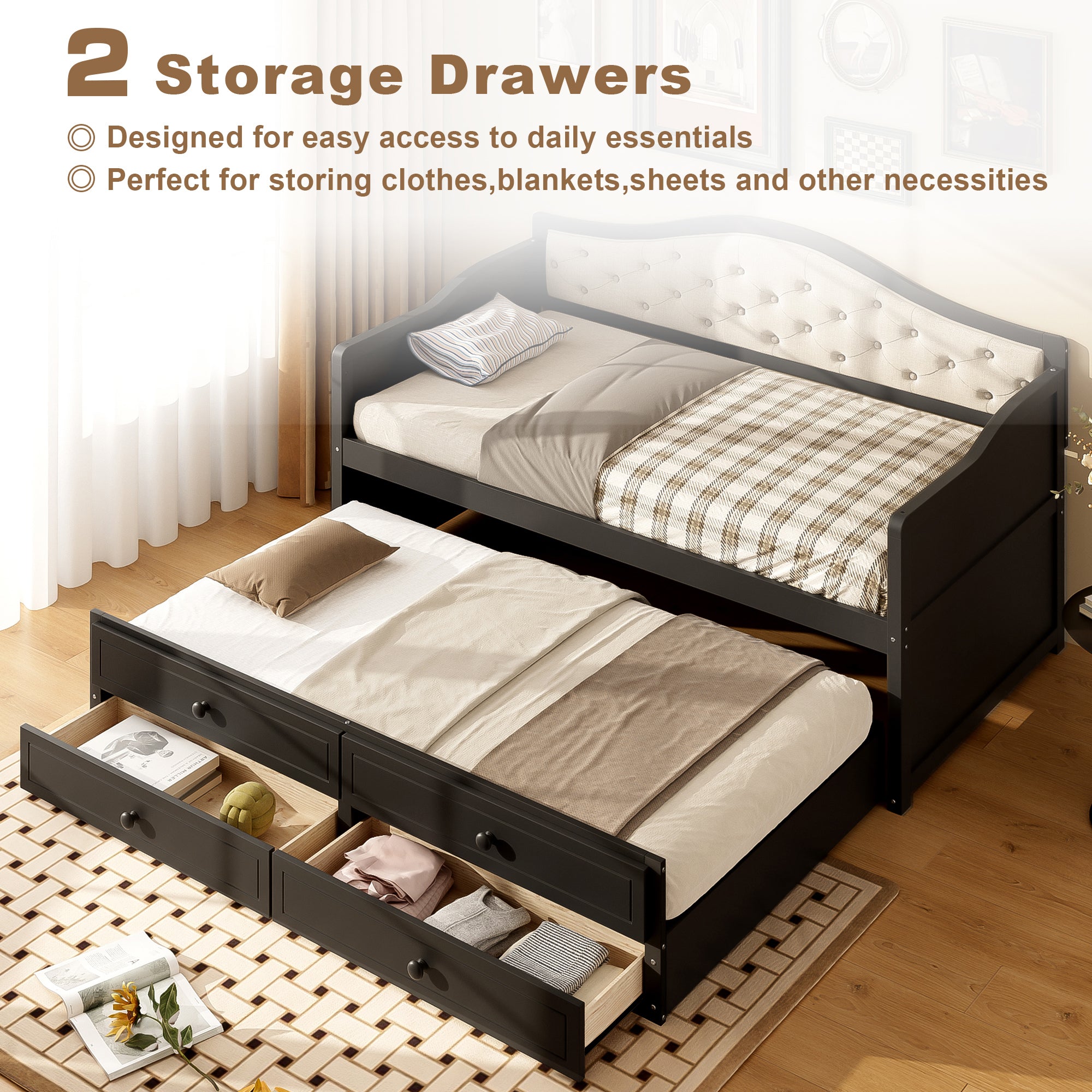 Twin Daybed with Trundle, Twin Size Daybed with 2 Storage Drawers, Wooden Sofa Bed with Upholstered Button Tufted Backrest for Living Room, Bedroom, Guest Room,Black Daybeds