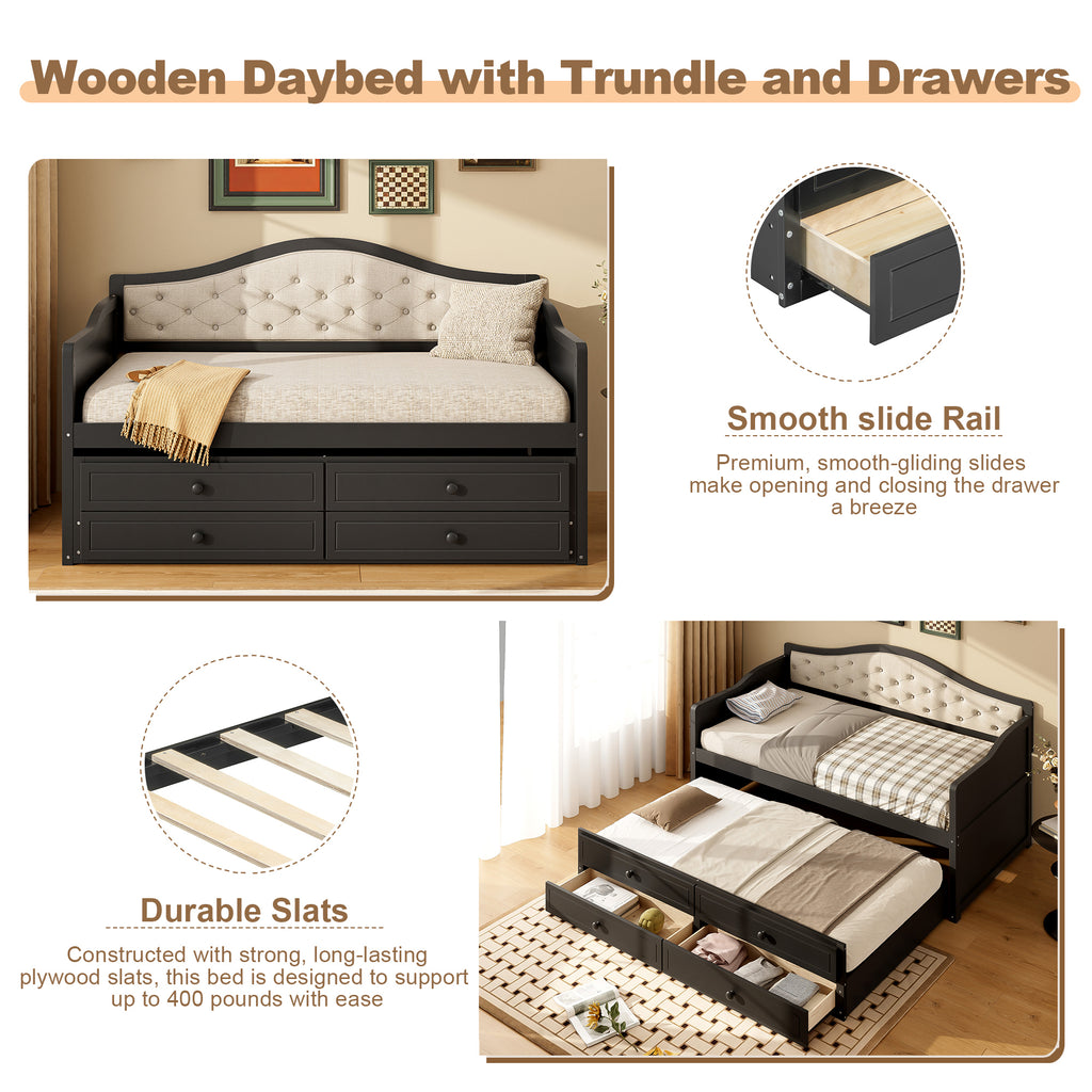 Twin Daybed with Trundle, Twin Size Daybed with 2 Storage Drawers, Wooden Sofa Bed with Upholstered Button Tufted Backrest for Living Room, Bedroom, Guest Room,Black Daybeds