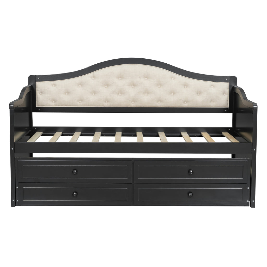 Twin Daybed with Trundle, Twin Size Daybed with 2 Storage Drawers, Wooden Sofa Bed with Upholstered Button Tufted Backrest for Living Room, Bedroom, Guest Room,Black Daybeds