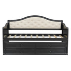 Twin Daybed with Trundle, Twin Size Daybed with 2 Storage Drawers, Wooden Sofa Bed with Upholstered Button Tufted Backrest for Living Room, Bedroom, Guest Room,Black Daybeds