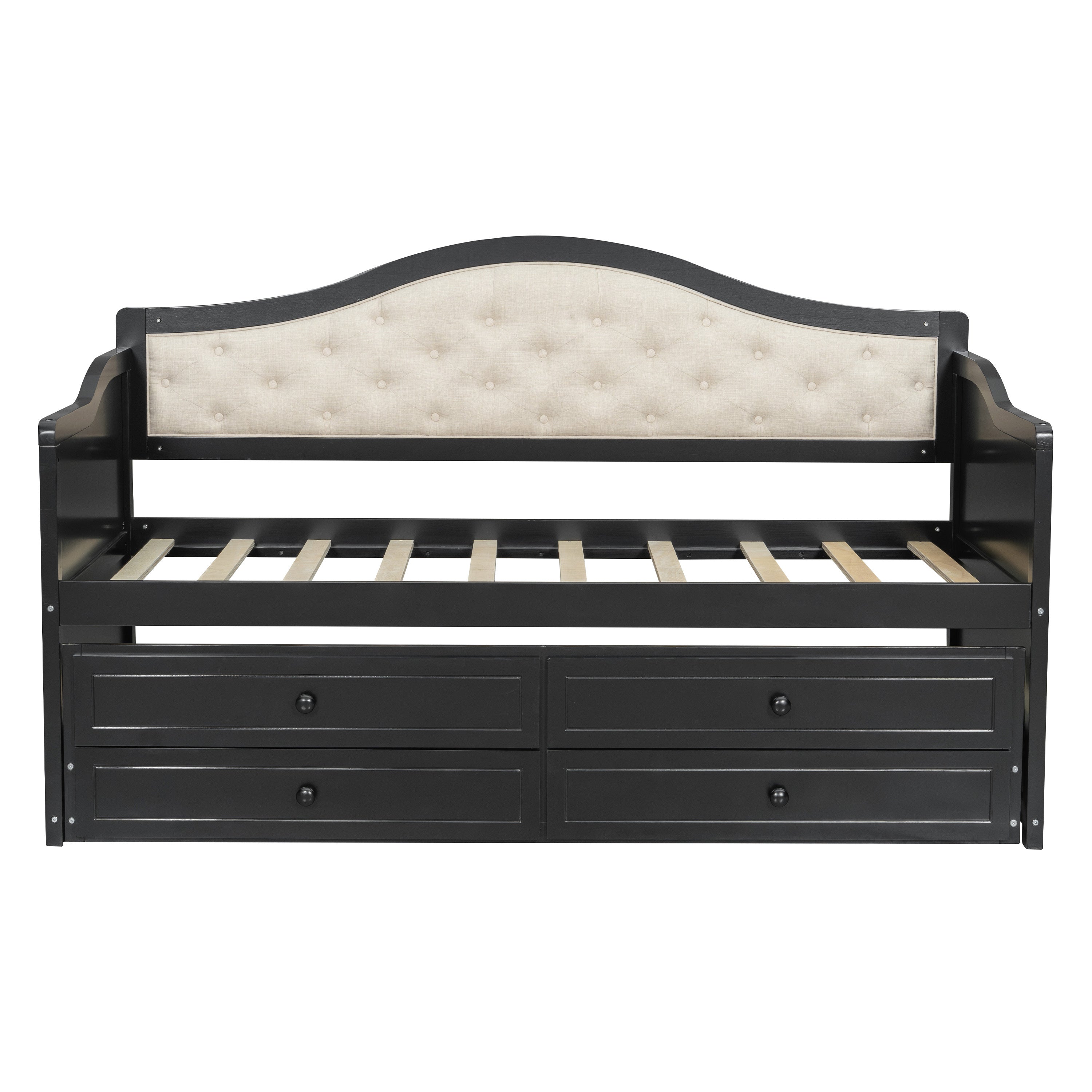 Twin Daybed with Trundle, Twin Size Daybed with 2 Storage Drawers, Wooden Sofa Bed with Upholstered Button Tufted Backrest for Living Room, Bedroom, Guest Room,Black Daybeds