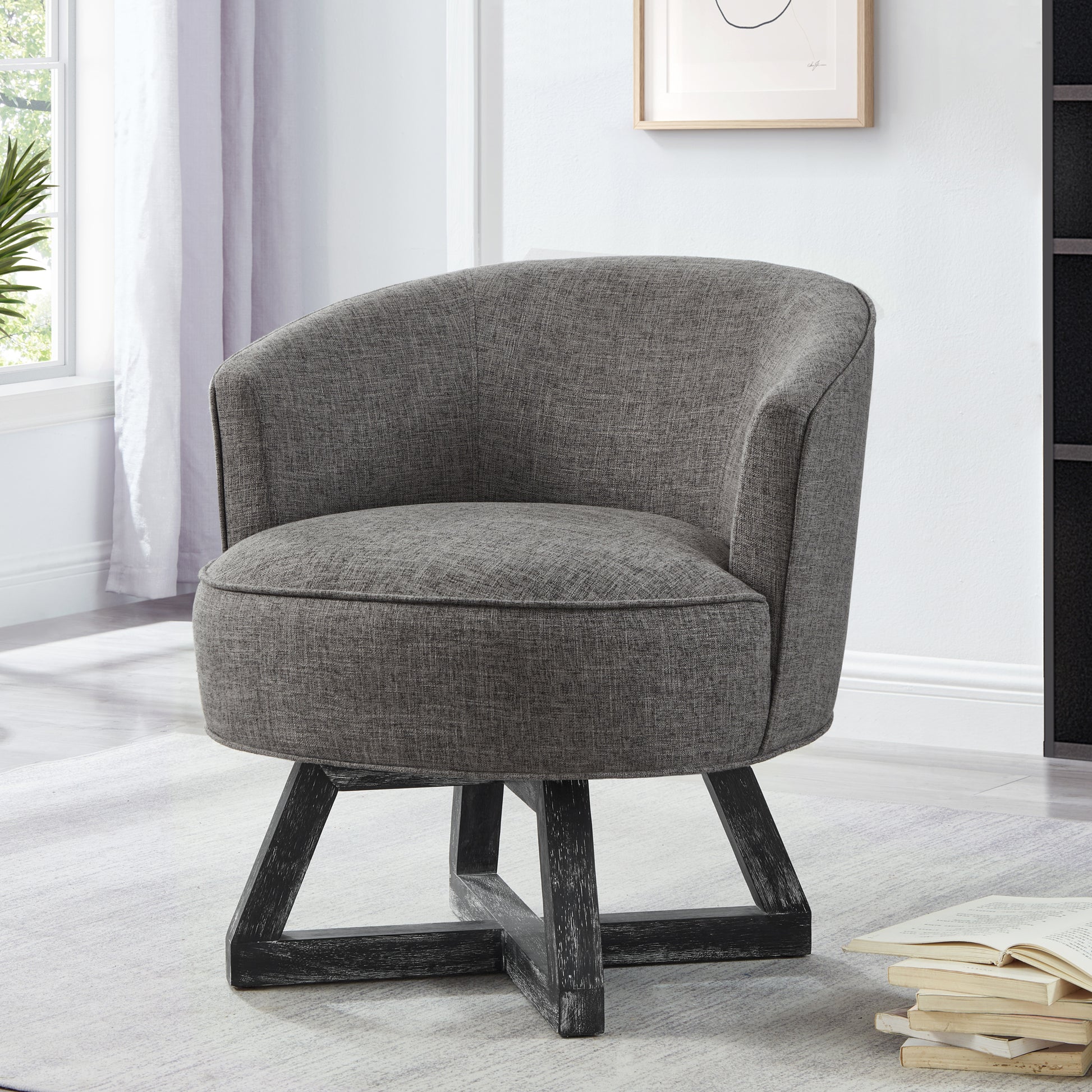 Swivel chair with cross-shaped wooden base,Lounge chair with solid wood legs, 360°freely Swivel chair , Classic linen Fabric for living room, bedroom, office, dresser -Dark Gray