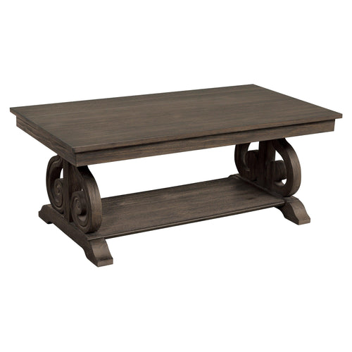 Classic Dark Oak Wood Coffee Table with Scrolled Base.