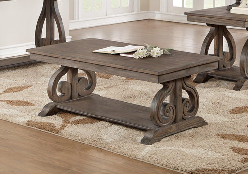 Classic Dark Oak Wood Coffee Table with Scrolled Base.