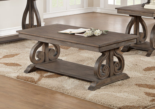 Classic Traditional Cocktail Table with Bottom Shelf Dark Oak Finish Scrolled Base Support 1pc Wooden Furniture Living Room Coffee Table